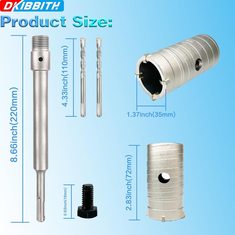 DKIBBITH 1-3/8" Concrete Hole Saw, 35mm Tungsten Steel Core Bit for Cinder Block, Brick, Rock, Plank Walls for Pipes or mini Split Lines, with SDS Plus Shank and 2 Center Positioning Drill Bits. - Image 2